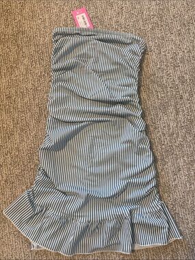 Edikted Blue and White Striped Ruffle Hem Tube Dress